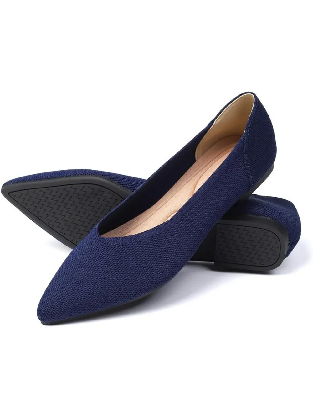 Women's Navy Ballet Flats Pointed Toe Comfortable Knit Slip Casual Shoes
